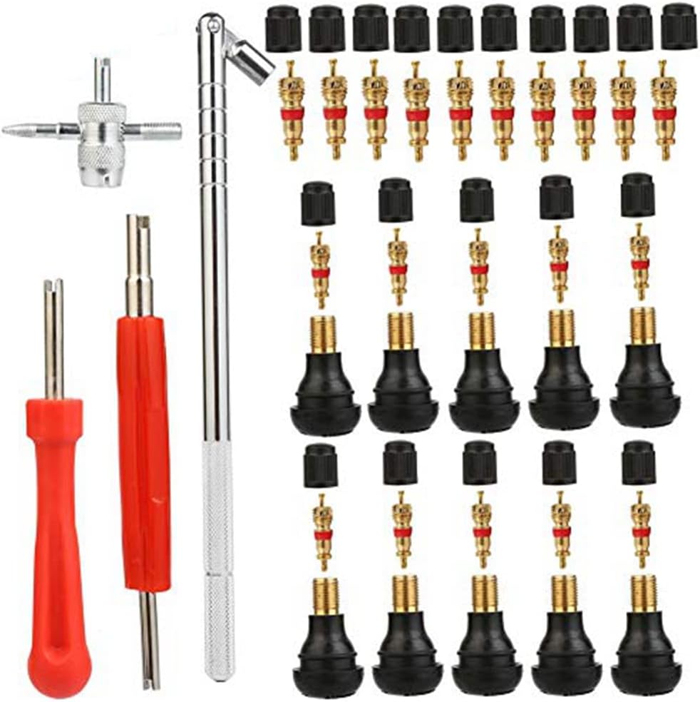 Tyre Valve Stem Puller Tools Set with 10 TR412 Short Rubber Valve Nozzle Core and Pure Copper Valve Nozzle Core, 1Pcs Dual &1Pcs Single Head Valve Core Remover, 4 Way Valve Core Remover Installer Tool