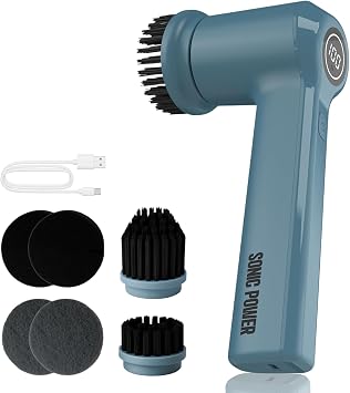 SonicPower Electric Spin Scrubber Handheld & Ergonomic, IPX7 Waterproof, 4 Multi-Purpose Brush Heads, Long-Lasting Rechargeable Battery Cleans Dishes, Bathroom, Tile, Grout & Kitchen Steel Blue