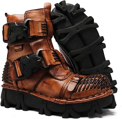 Fashion Men Leather Motorcycle Boots, Winter Street Riding Punk Ankle Boots, Buckle Mid-Calf Work Shoes