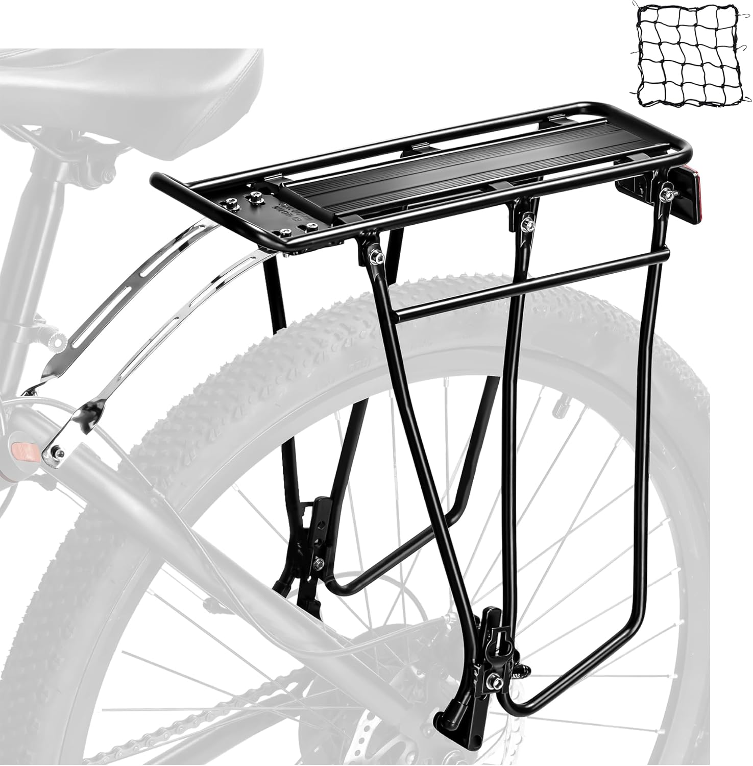 Rear Bike Rack,Bike Cargo Rack,Bicycle Pannier Rack with Extra Long Tubular Rack Bike Mounting Brackets,Reflector and Cargo Net,Height Adjustable Fit 26”-29” and 700c Bike,YONTUO