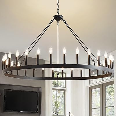 53 Inch Large Farmhouse Wagon Wheel Chandelier,Black 30-Light Rustic Round Hanging Light Fixture,Outdoor Wheel Chandelier for Porch High Ceilings Dining Room, Living Room, Entryway