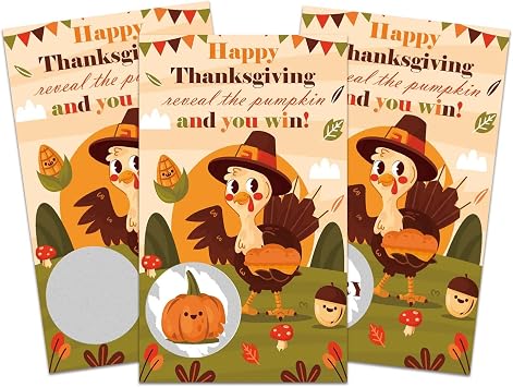 Happy Thanksgiving Scratch Off Game Cards, 50 Pack Turkey Pumpkin Party Games for Adults, Fall Party Activities, Autumn Dinner Ice Breaker, Family Gathering A02