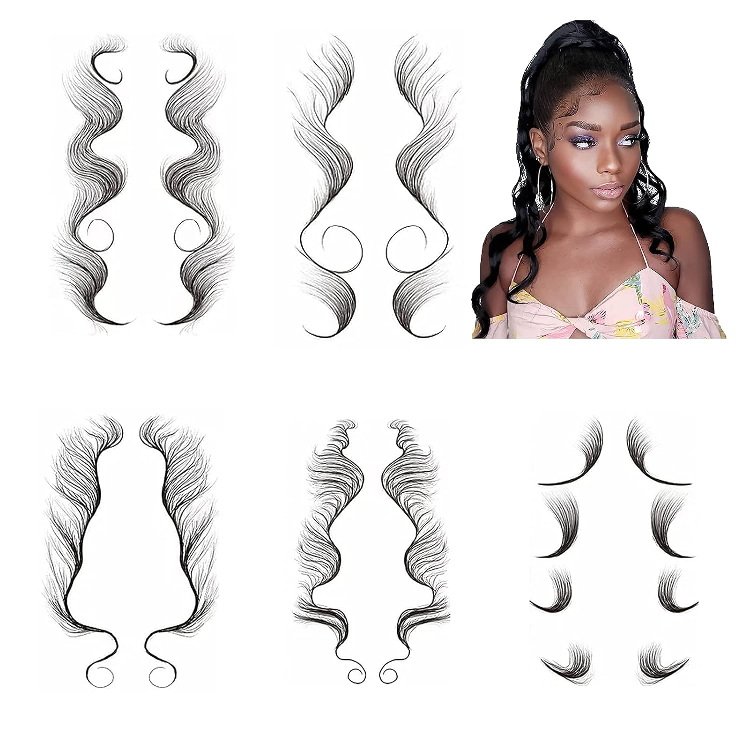 5pcs Fake Edges Hair Tattoo Baby Hair Tattoo Stickers - Waterproof Tattoos Body Makeup for Women - Edge Tattoo Edges Curly Hair Salon DIY Hairstyling Hair Stickers Template Makeup Tool (5 Pcs)