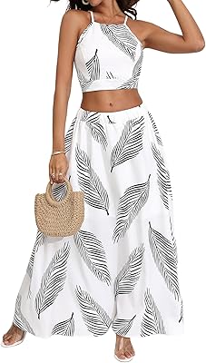 Womens 2 Piece Outfits Tropical Print Beach Outfits Tie Cami Crop Top and Split Maxi Skirt Sets Vacation Resort Wear