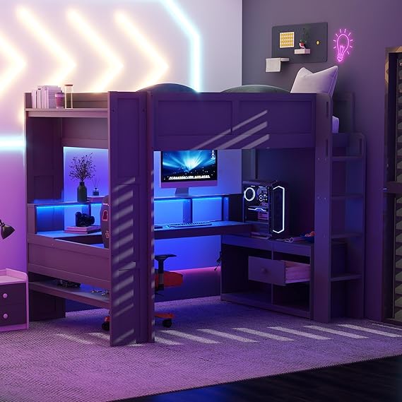 SOFTSEA Full Size Gaming Loft Bed with Desk, Wood Loft Bed with USB Ports, LED Lights, Gaming Lofts Bed with Multi-Storage Shelves & Under-Bed Space for Adults Kids Teens, No Noise, Gray